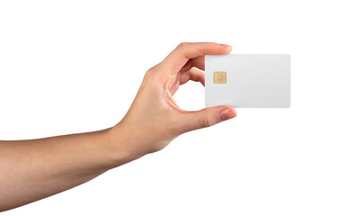Female hand holding a blank credit card, symbolizing payment, cashback, and financial services....