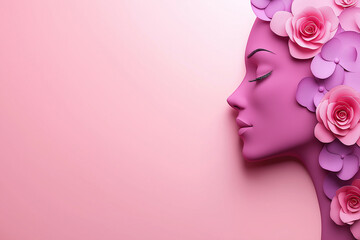 Pink woman face with roses and orchids flowers decoration