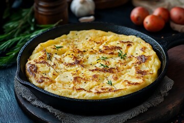 Delicious Potato Tortilla in Cast Iron Skillet, Garnished with Thyme