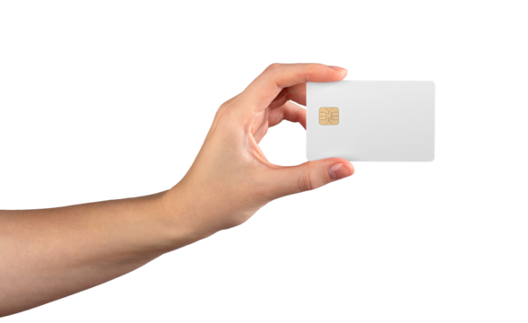 Female hand holding a blank credit card, symbolizing payment, cashback, and financial services. Ideal for showcasing promotions, transactions, or advertisements. Isolated on white background.