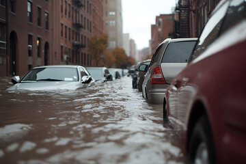 Flooded Street: Cars submerged after heavy rainfall, showcasing the impact of severe weather in urban areas with rows of buildings in the background.