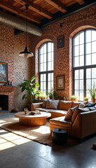 Luxurious Loft Apartment Living Room with Exposed Brick Walls and Large Windows