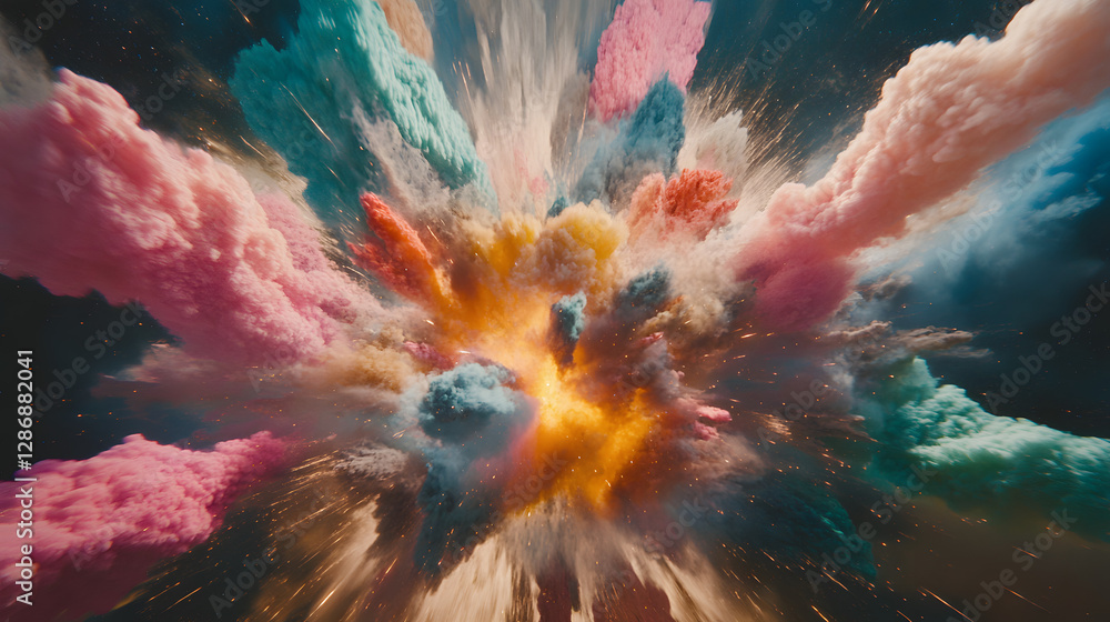 Poster abstract colorful explosion of clouds blended with vibrant tulip flowers in a dynamic artistic compo