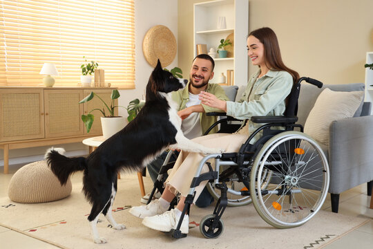Young woman in wheelchair, with husband and dog at home
