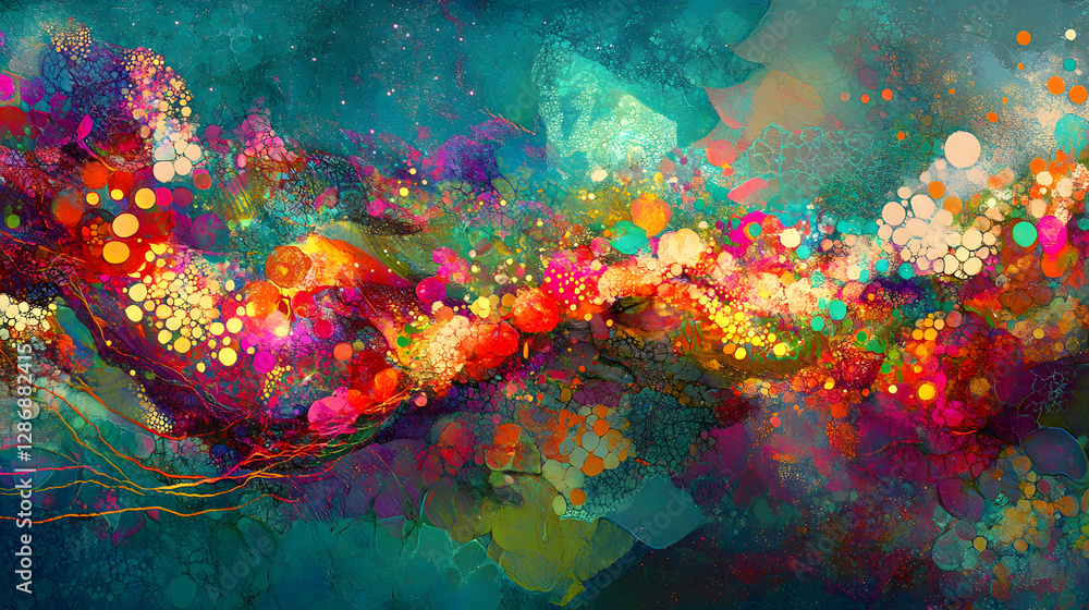 Poster abstract painting depicting the concept of space with vibrant colors and dynamic shapes creating a s