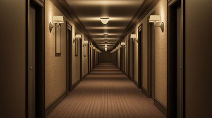 Long corridor with doors and lamps leading to darkness in hotel