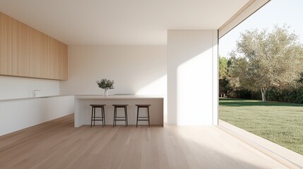 Obraz premium Modern kitchen with garden view, interior design, bright and spacious