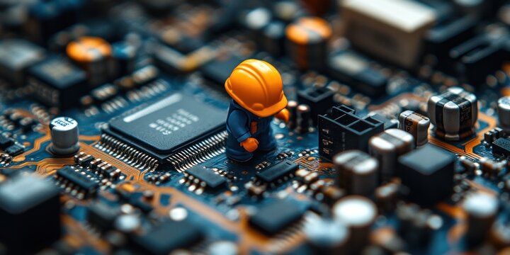 Miniature Worker Inspecting Circuit Board Components