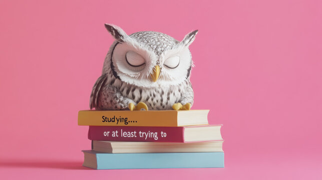 Humorous cartoon owl sitting on books with studying message for lighthearted inspiration