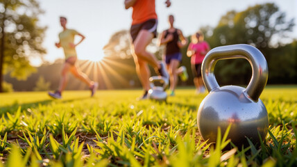 Glistening kettlebell resting on grass at sunrise, fitness motivation