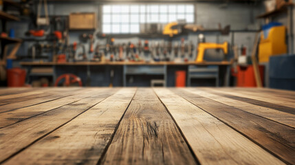 Blurred workshop setting with hardware tools and a wooden floor, designed for product montage or advertising backgrounds