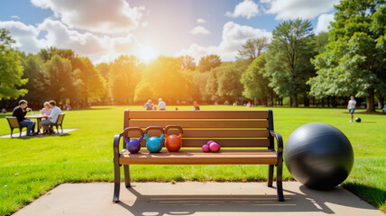 Obraz premium Park bench with fitness equipment in vibrant community park, health