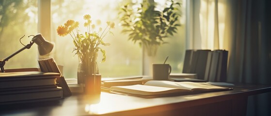 Obraz premium A sunny workstation with books, flowers, and a steaming mug invites productivity and creativity amidst a tranquil morning scene.