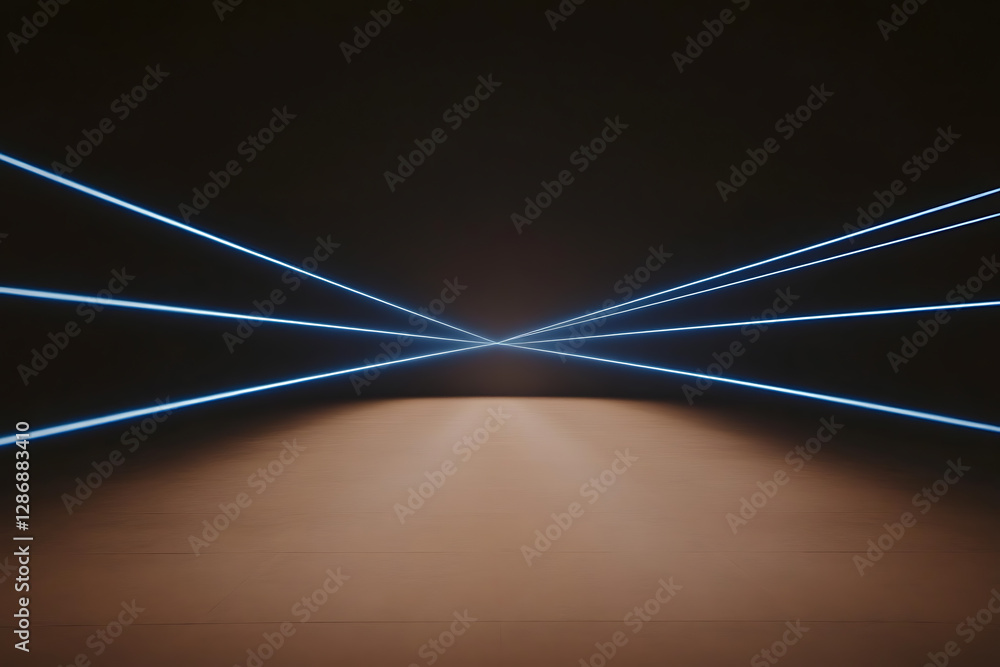 Poster futuristic blue laser lines converge in a dark space, illuminating a smooth surface. modern, technol