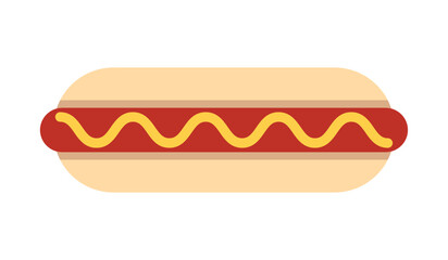 Hot dog with sausage, bread and mustard. A traditional fast food street dish for a quick snack. Hot-dog Vector illustration isolated on a white background for menu, restaurant, print and web, EPS 10.