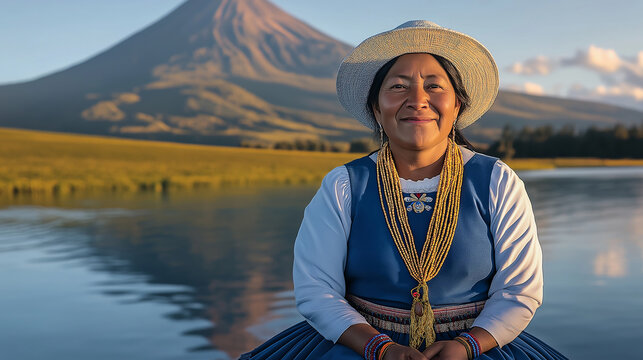 Indigenous ecuadorian woman smiling with cotopaxi volcano in the background