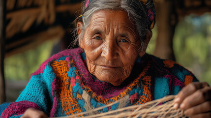 Fototapeta premium Indigenous artisan weaving traditional crafts in rural mexico