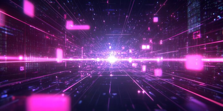 Abstract Digital Corridor Glowing Pink Light Streams