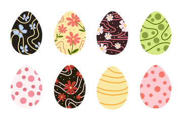 Decorative Easter eggs set with floral, abstract, and polka dot patterns on white isolated background. Cute symbolic illustration in vector flat style. For postcards, icons, posters.