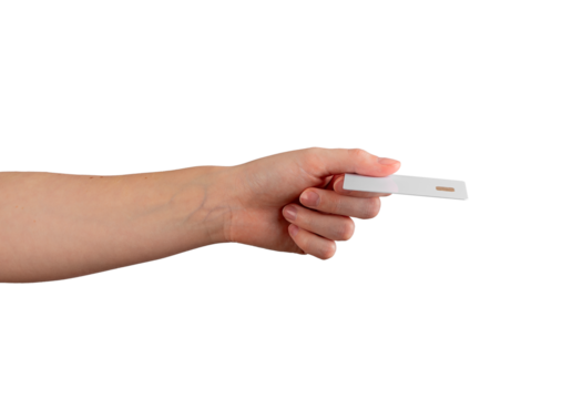 Female hand holding a blank credit card, tilted to showcase payment, banking, and financial services. Ideal for promoting purchases, cashback, and business transactions. Isolated on white background.