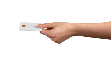 Female hand holding a blank credit card, tilted to showcase payment, loan, and financial services. Ideal for business, promotions, and commerce. Isolated on white background.