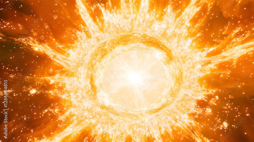 Poster abstract representation of a bright orange explosion of light with tulip flowers in a dynamic compos