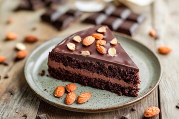 A slice of rich chocolate cake topped with almonds rests on a rustic plate, surrounded by scattered almonds and chocolate pieces on a wooden table