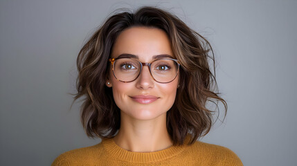 Obraz premium Smiling young woman with wavy brown hair and round glasses wearing a mustard yellow sweater against a neutral grey background.