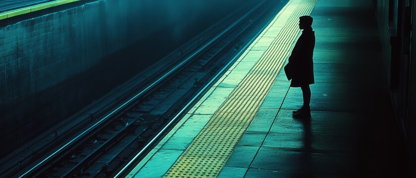 A silhouetted figure stands on an empty subway platform under moody blue lighting, evoking a sense of solitude and anticipation.