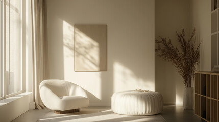 Serene Living Room in Sunlight: A contemporary living room bathed in soft sunlight, with minimalist furnishings and a sense of tranquility.