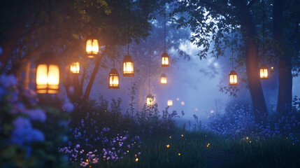 Enchanted Evening: A serene and captivating scene of an evening garden illuminated by soft, warm lanterns. This magical scene evokes a sense of tranquility and wonder.