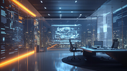 Futuristic Executive Suite: This image showcases a modern, high-tech office space, characterized by its sleek design, advanced technology, and panoramic city views.