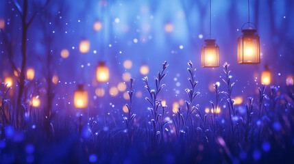 Enchanting Lanterns in a Magical Forest: Dreamy, ethereal scene unfolds as glowing lanterns illuminate a mystical forest at twilight, with soft bokeh adding a touch of wonder.