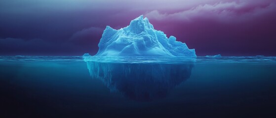 A lone iceberg drifts under a dramatic sky, its icy blue contrasted with a horizon shrouded in purple clouds, evoking solitude and beauty.