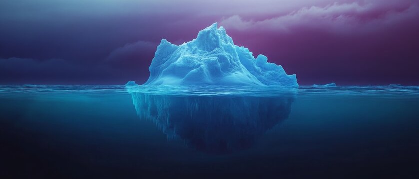 A lone iceberg drifts under a dramatic sky, its icy blue contrasted with a horizon shrouded in purple clouds, evoking solitude and beauty.