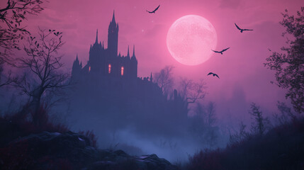 Mystical Castle Under the Moon: A gothic castle silhouette dominates the twilight scene, silhouetted against a vibrant moonlit sky. The scene evokes a sense of mystery and wonder.