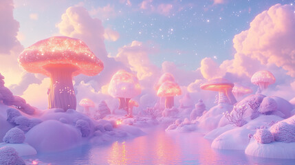 Celestial Fungi: A fantastical landscape of pastel-colored clouds and oversized mushroom-shaped structures, evoking a sense of wonder and the surreal.
