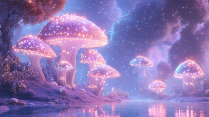 Enchanting Mushroom Forest: A captivating illustration of a whimsical mushroom forest at twilight. Luminous mushrooms cast a soft glow, reflecting in the tranquil water.