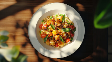 Exquisite Culinary Delights: A top-down view captures a vibrant and artfully arranged dish, showcasing the delicious ingredients, appetizing colors, and tempting textures on a sleek plate.