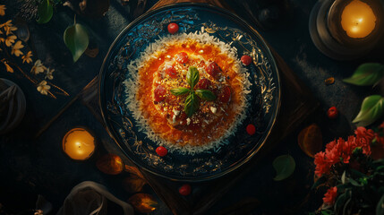 Gourmet Delight: An overhead view presents a meticulously arranged dish, brimming with culinary artistry, featuring an appetizing tomato sauce, with carefully placed garnishings.
