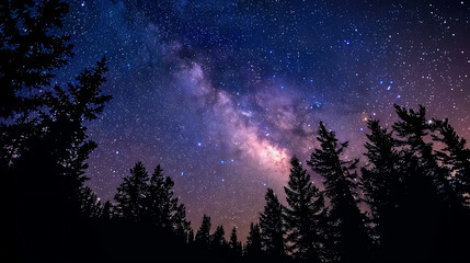 A starry night sky with the Milky Way visible, surrounded by silhouettes of tall pine trees in