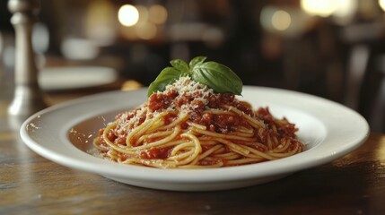 Delicious spaghetti with meat sauce, restaurant setting, bokeh background