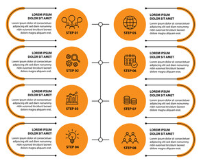 Infographic template with icons and 8 options or 8 steps. Can be used for workflow layout, diagram, timeline, banner, webdesign, business report, presentation. Vector illustration.