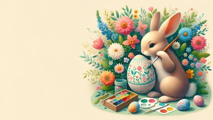 fluffy cute rabbit drawing a easter eggs on colorful beautiful flowers in spring, background with copy space