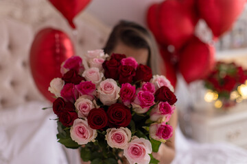 Girl in the Bedroom with a Bouquet of Roses