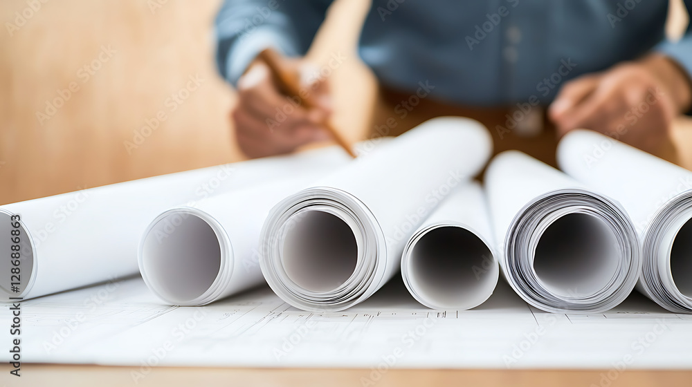 Poster architectural plans: rolled blueprints lay on a table, ready for review by a professional with a pen