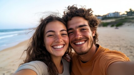Fototapeta premium Couple sharing a selfie on beach.