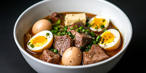 Bowl of ramen: Rich broth, tender meat cubes, halved eggs, tofu and green onions, creating a flavorful and comforting meal. Perfect for dinner.