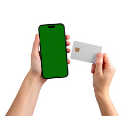 Female hand holding a blank smartphone, showcasing financial services, mobile payments, and...