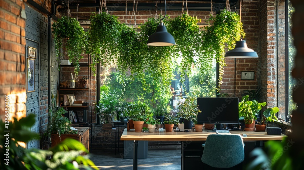 Poster a stylish office with hanging planters filled with cascading ivy and ferns, creating a refreshing am